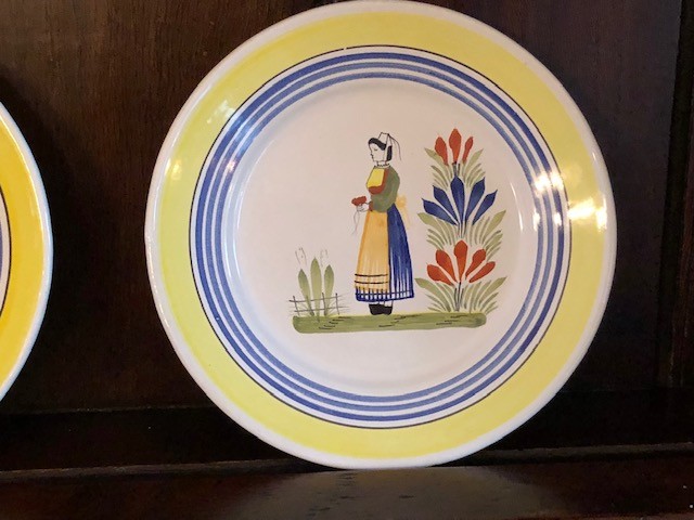 Vintage Henriot Quimper French pottery set of three small 7 1/2 plates MAN/WOMAN