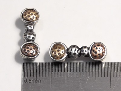 8 - 2 HOLE SLIDER BEADS TRI COLOR SILVER BRASS COPPER DIMPLED HAMMERED DESIGN
