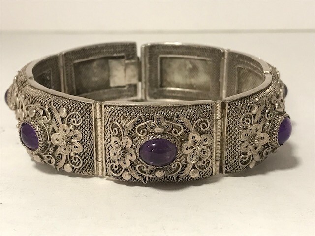 STONE HENgE/送料込み/関税込み 14K Flower Cubic Bracelet Chinese silver filigree bracelet. Cabochon amethyst stones