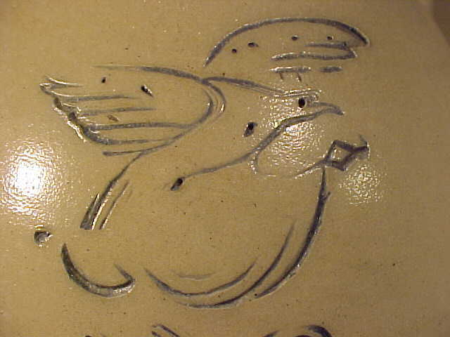 ANTIQUE SALT GLAZE STONEWARE TWO GALLON INCISED SWAN & FLYING EAGLE JUG.