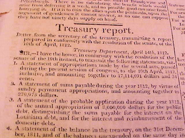 THE WEEKLY REGISTER BALTIMORE April 23, 1812, by Hezekiah Niles - Secret Session