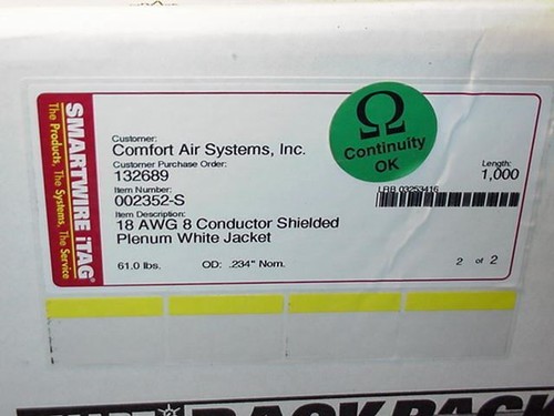 1000 Feet 18 AWG 8 UL C(UL) CMP Conductor Shielded Plenum White Jacket Wire NEW!