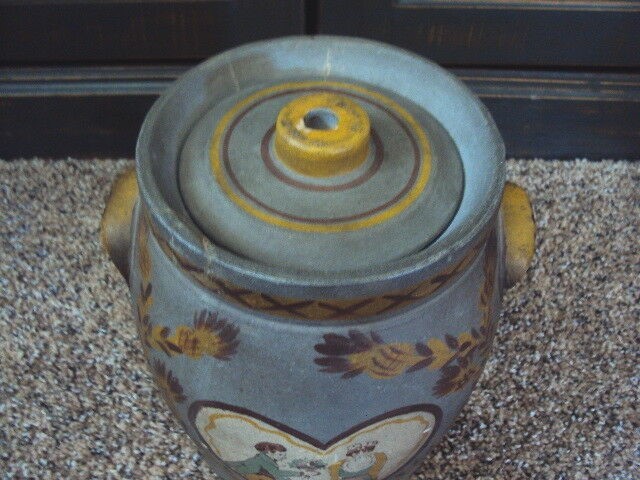 VINTAGE PRIMITIVE FOLK ART STONEWARE CROCK BUTTER CHURN