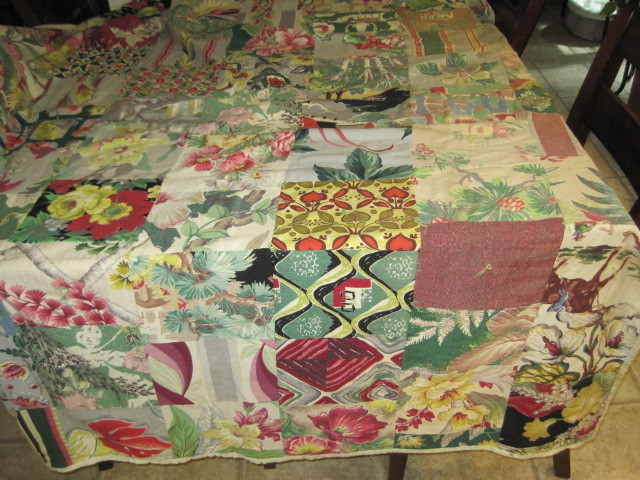 Vintage Barkcloth Patchwork Quilt 58x64 Blanket Spread Bark Cloth