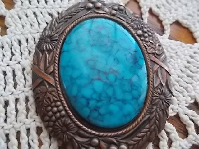RETRO! Vintage Genuine Copper Faux Turquoise Large Oval Pendant Only ORNATE! VGC