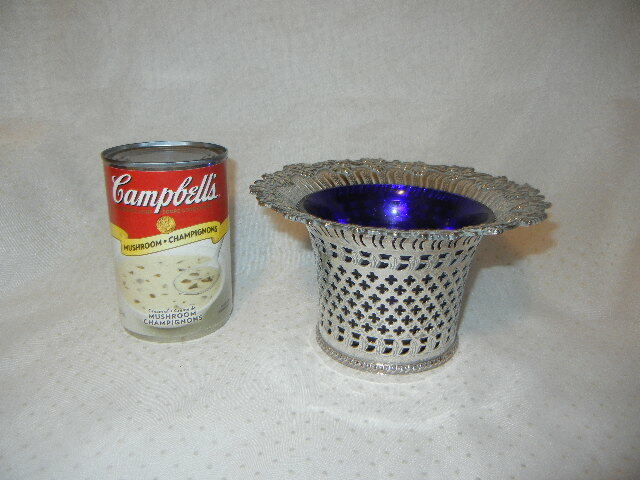 VINTAGE SILVER PLATE & COBALT BLUE GLASS LINER SUGAR BOWL GRAPE VINE RETICULATED