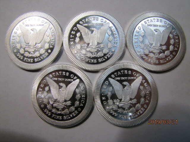 Lot of 5   1 oz. Stackable Morgan Design .999 Silver rounds, BU