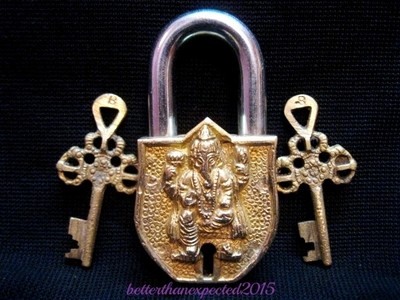 BRASS GANESHA LOCK w 2 KEYS 3.5'' Unique Collectible Big Solid India Elephant God