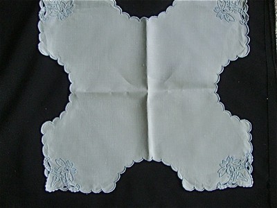 VINTAGE white FINE LINEN unused Madeira HOT ROLLS BUN BREAD COVER blue hand-emb