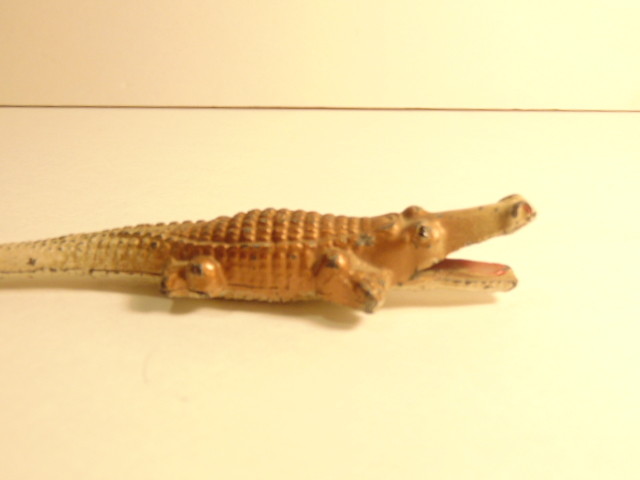 Vintage cast non-ferrous metal alligator marked Made in USA on bottom.