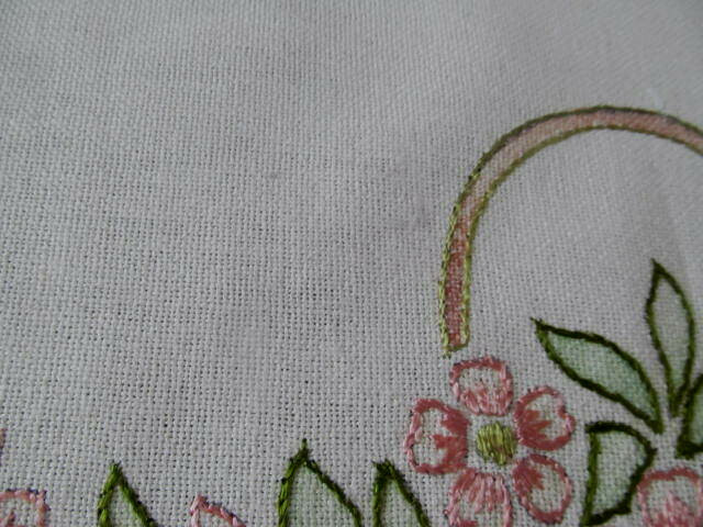 Basket of Flowers~20s Antique Hand Embroidered Tablecloth Topper~27
