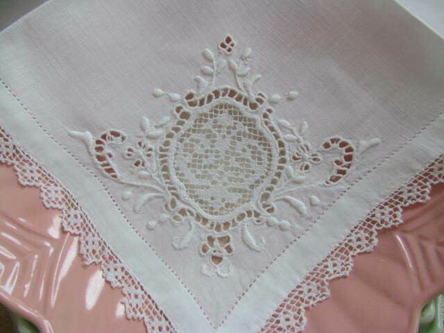 Set of 12~Antique Italian Linen Napkins Filet Lace Insert~Cutwork Embroidery