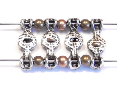 8 - 2 HOLE SLIDER BEADS TRI COLOR SILVER BRASS COPPER HAMMERED DIMPLED DESIGN
