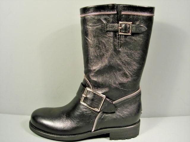 JIMMY CHOO DAKAR BLACK LEATHER BIKER MOTORCYCLE ZIPPERS MID
