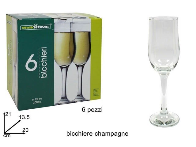 Set 6 Pezzi Bicchieri Calici Vetro 195cc 6 1/2 oz Welkhome Nevakar Spumante dfh