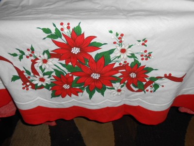 Mid Century Christmas Linen Round Tablecloth 70 Inch