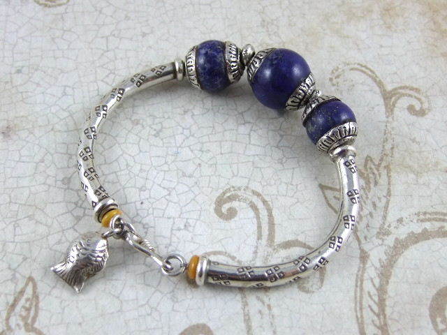 Handmade Thai Sterling Silver With 3 PCS, Blue Lapis Beads Bracelet - 60mm.