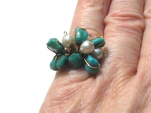 COLLECTABLE PEARL AND TURQUOISE WIRE WRAP VINTAGE FASHION Ring  S7