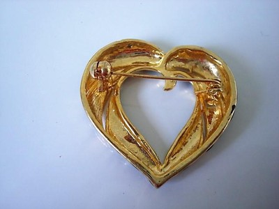 Gold Tone and Black Enamel Heart Pin Brooch With Clear Rhinestones