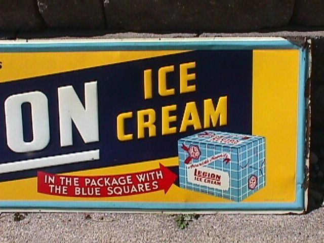 ORIGINAL Vintage LEGION Ice CREAM 54x18 ins. Colorful TIN Advertising SIGN As Is