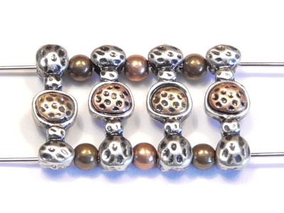 8 - 2 HOLE SLIDER BEADS TRI COLOR SILVER BRASS COPPER HAMMERED DIMPLED DESIGN