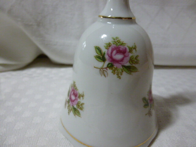 Vintage  Porcelain Hand Dinner Bell,  Single Pink Roses Gold Bands 5 1/2