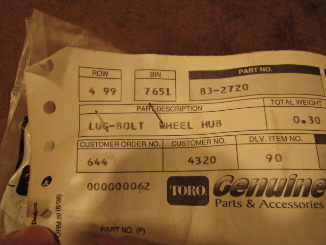 NOS Wheel Horse Toro Part 83-2720 5 lug bolts wheel hub deck push mower lawn