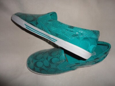 COACH LOGO  10B  RARE GLAM KIVY SEAFOAM GREEN SEQUIN CUSHY SLIP ON SNEAKERS NEW