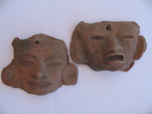 Lot of 2  MEXICAN CLAY MASK VINTAGE Terra Cotta Aztec Mexico Hand Sculpted Art