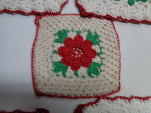 Vintage Hand Crocheted Red Flower With Red, White & Green Color Set of 5