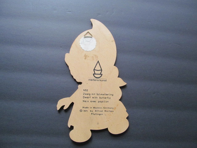 Mertens Kunst 1971 Wood Dwarf With Butterfly Wall Hanger Western Germany