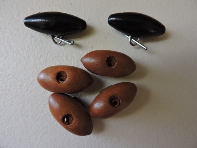 Vintage Wood & Faux Brass Football Buttons 4 brown and two black