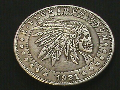 1947~Cinco Pesos Obverse~DESIGN~2 Headed Skull~1921~Morgan Dollar Obverse DESIGN