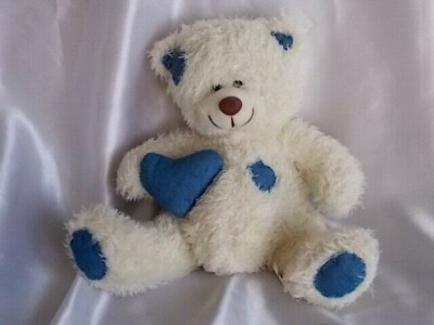 Doudou, peluche ours ivoire, bleu, coussin coeur, Partner Jouet