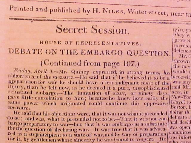 THE WEEKLY REGISTER BALTIMORE April 23, 1812, by Hezekiah Niles - Secret Session