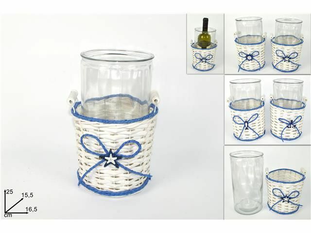 Cesto Vassoio In Vimini Fantasia Marina Con PortaBottiglia In Vetro dfh
