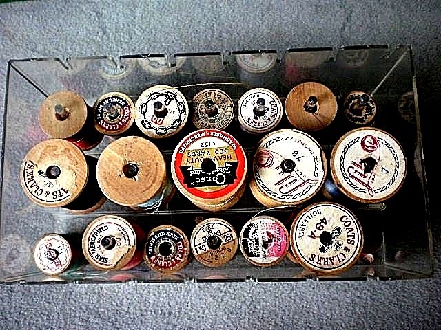 19 Wooden Spools & Thread w/ Plastic Storage Cabinet