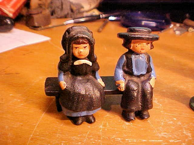 Cast Iron Amish Lot Family See Saw Bench Man Woman Boy Girl Vintage Figures Blue