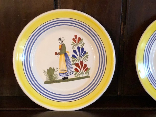 Vintage Henriot Quimper French pottery set of three small 7 1/2 plates MAN/WOMAN