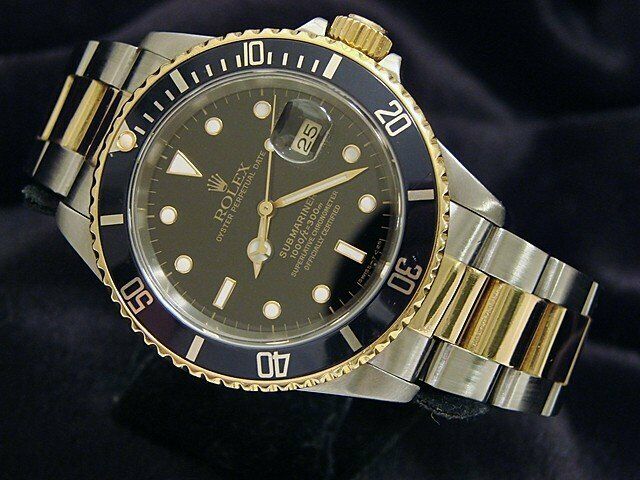 Mens Rolex Submariner 16613 18k Yellow Gold Stainless Steel Watch Black Sub Date