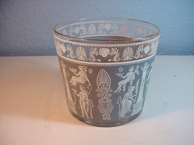 Vintage Glass Ice Bucket Roman Greek Blue Decor Outer Metal Rack With Handle