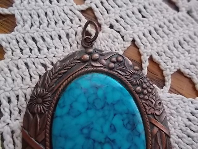 RETRO! Vintage Genuine Copper Faux Turquoise Large Oval Pendant Only ORNATE! VGC