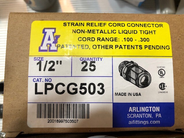 NEW! 25 Arlington Industries LPCG503 1/2-Inch Low-Profile Strain Relief Cord Con