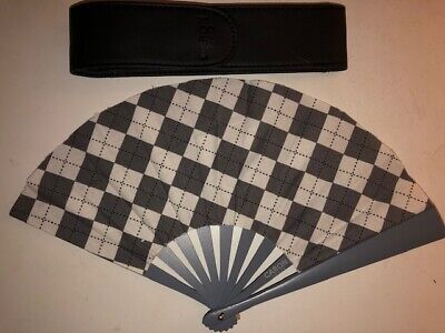 Authentic Caron Wood & Silk Fan Grey Plaid w/ Case & Shopping Bag Nice Gift!