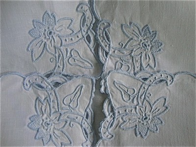 VINTAGE white FINE LINEN unused Madeira HOT ROLLS BUN BREAD COVER blue hand-emb