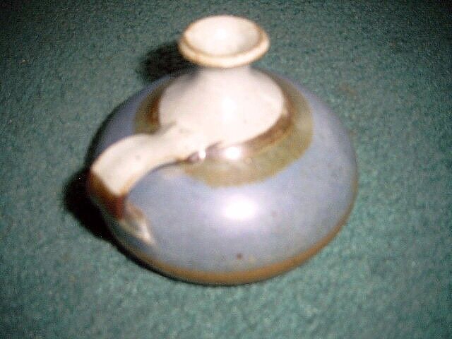 Wonderful Blue/Brown/White Flower Bud Vase with Handle pottery signed