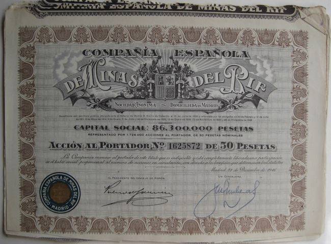 De Minas del Rif mining stock certificate 1946 Spain 5 peseta VF