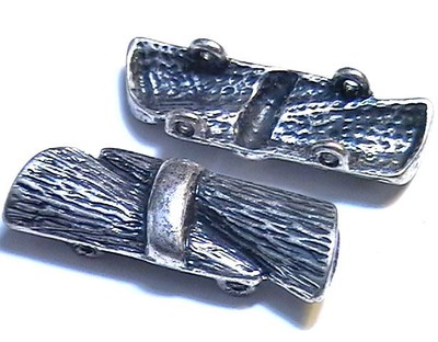 6 - 2 HOLE SLIDER BEADS, SPACER BEADS TEXTURED ANTIQUED SILVER BANDED TRIANGLES