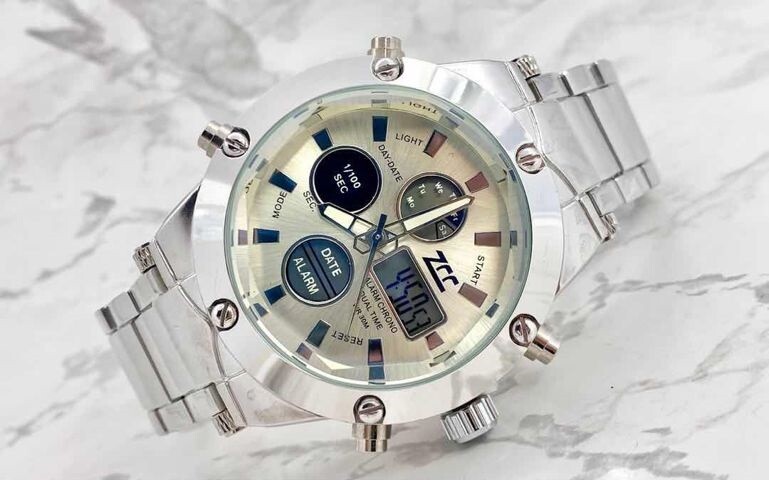 Orologio Polso ZCC 2002 Uomo Quarzo Acciaio Dual Time Silver Champagne lac