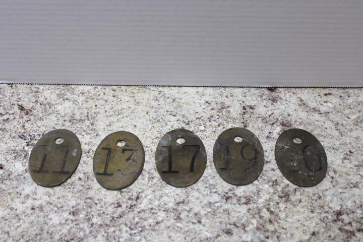 Vintage Brass Number Cow Tags Lot of 5 UNPOLISHED & NO METAL CHAINS